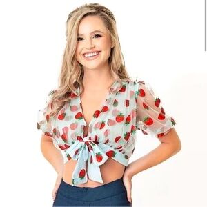 Smak Parlour Roller Queen crop top light blue w sparkly strawberries size small